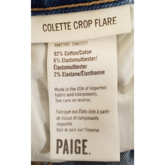 Paige Colette Crop Flare Jeans Sz 27 Blue Distressed Raw Hem Stretch Denim - Picture 6 of 7